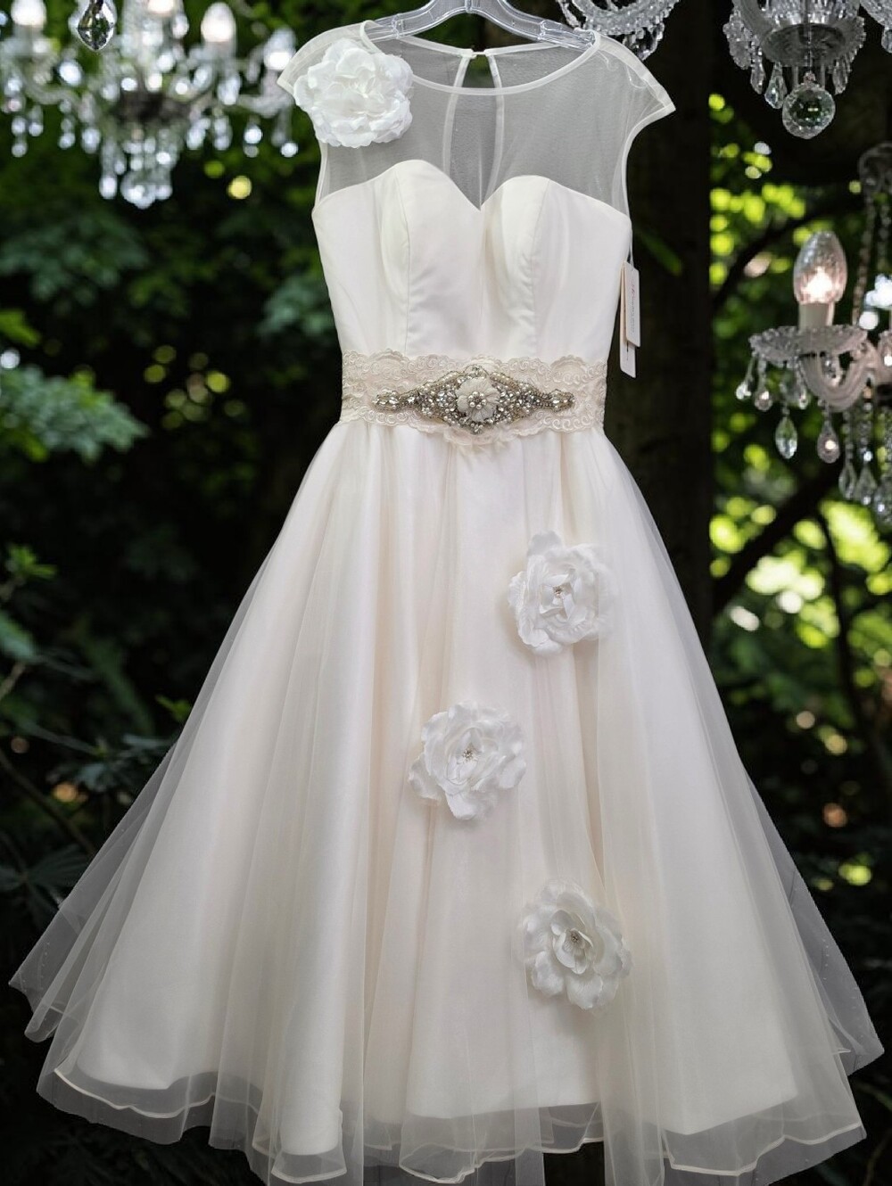 Nwt Mingda's Retro  Inspired Ivory Illusion Sweetheart Floral Midi Wedding Dress